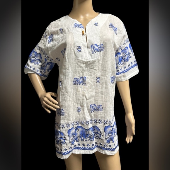 Whimsical Elephants 100% Cotton Split Neck PullOver Tunic By DA Collection Sz L - Picture 1 of 12
